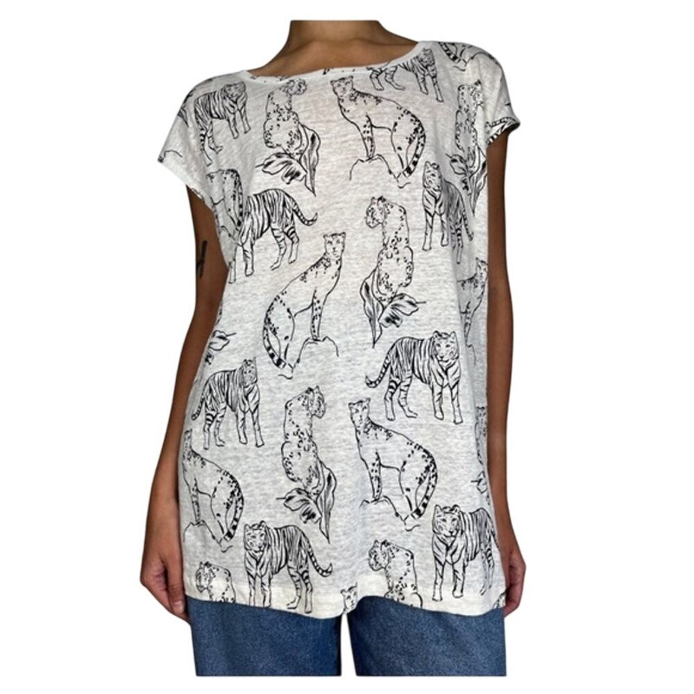 Linen Safari Cat Print Button Back Tank Top Women’s Medium Art Graphic Whimsical - Picture 1 of 10